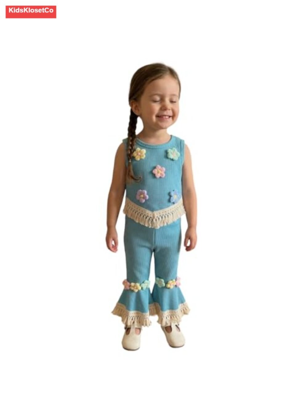 Toddler Girls 3D Crochet Floral Waffle Knit Vest Tops Bell Bottoms Summer